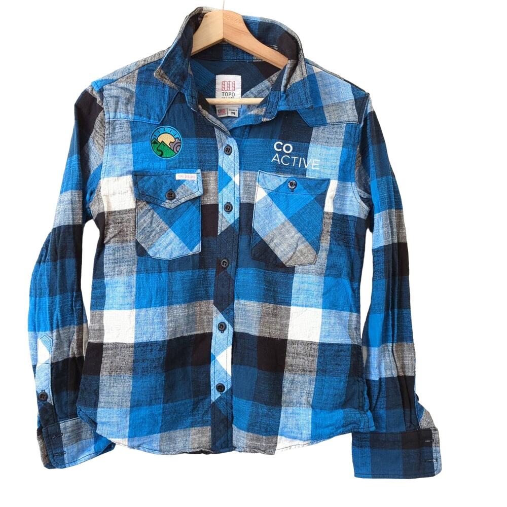 Topo Designs Womens Plaid Work Shirt Blue SM Flannel‎ Camp Long Sleeve Patch